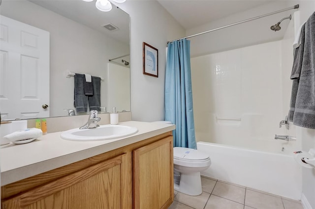 full bathroom with toilet, shower / bath combo with shower curtain, vanity, and tile flooring