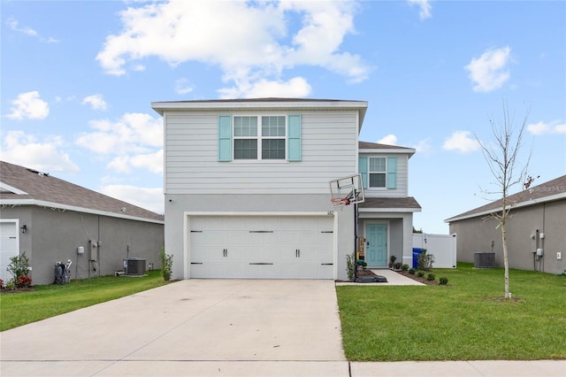 view of front property featuring a garage, central air condition unit, and a front lawn