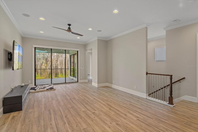 unfurnished living room featuring ornamental molding, ceiling fan, and light hardwood / wood-style flooring