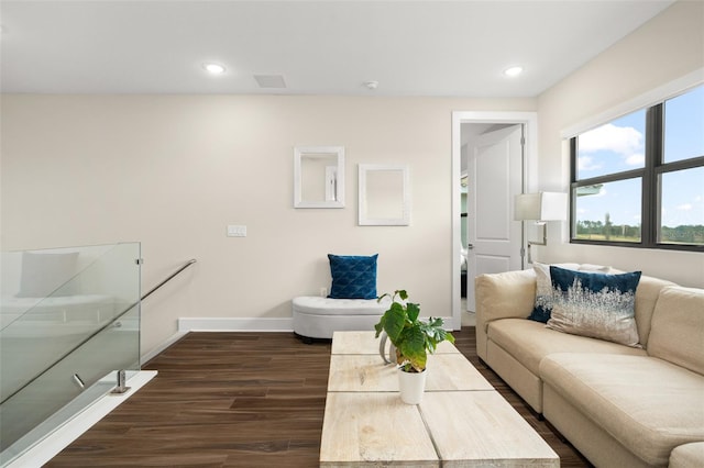 living room featuring dark wood-type flooring