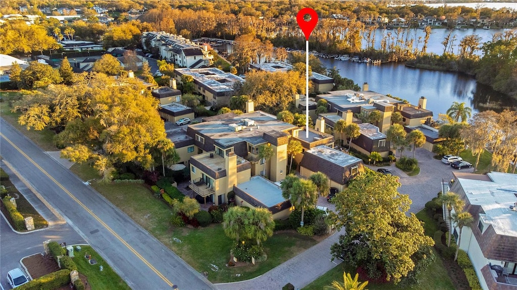 aerial view featuring a water view