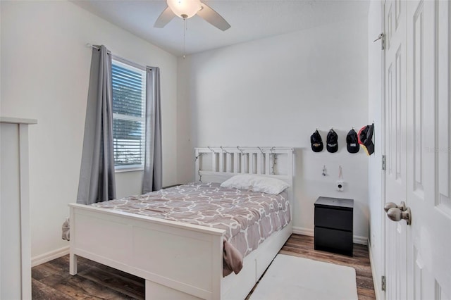 bedroom featuring wood-type flooring and ceiling fan