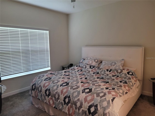 bedroom with dark carpet