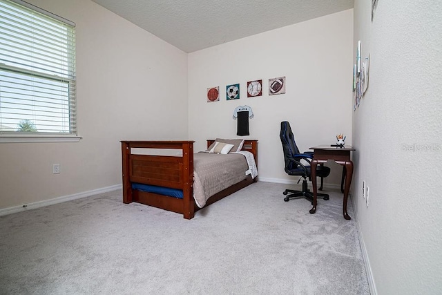 bedroom featuring light colored carpet and a textured ceiling