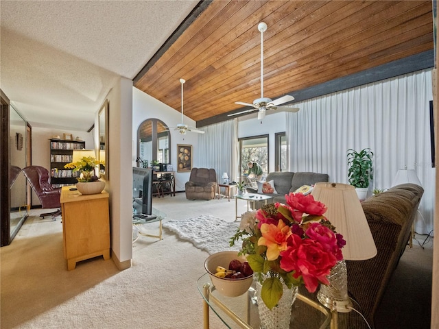 carpeted living room featuring lofted ceiling, ceiling fan, a textured ceiling, and wooden ceiling