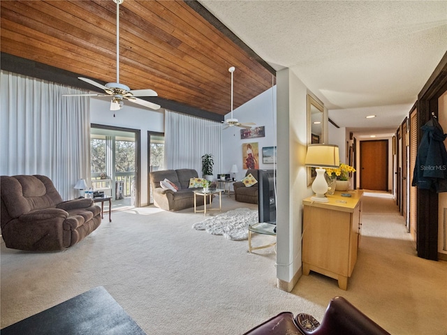 carpeted living room with a textured ceiling, ceiling fan, high vaulted ceiling, and wooden ceiling