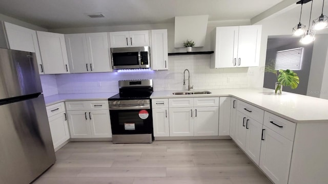 kitchen featuring white cabinetry, sink, kitchen peninsula, and stainless steel appliances