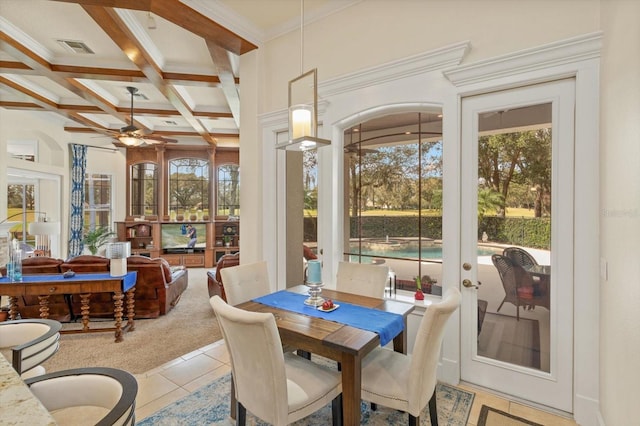 sunroom / solarium featuring ceiling fan, beam ceiling, french doors, and coffered ceiling