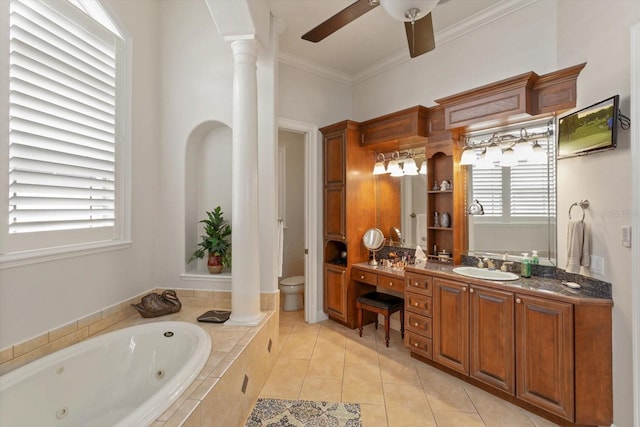 bathroom with ornamental molding, tile patterned floors, vanity, and decorative columns