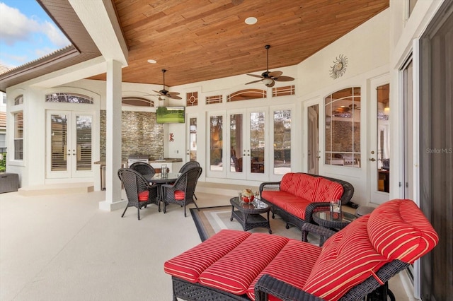 view of patio / terrace with ceiling fan, outdoor lounge area, and french doors