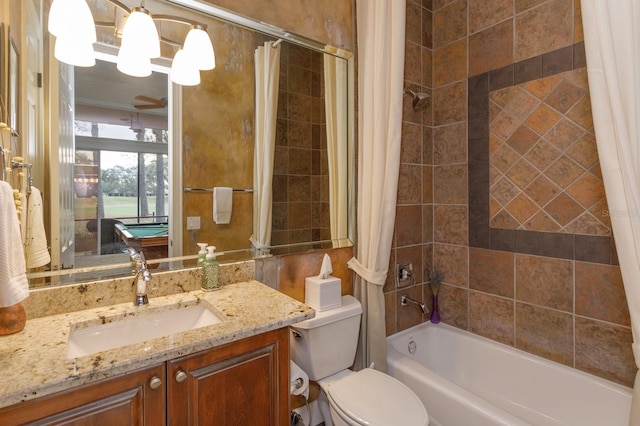 full bathroom with toilet, shower / bathtub combination with curtain, vanity, and billiards