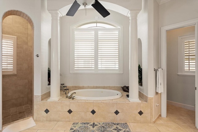 bathroom with ceiling fan, tile patterned flooring, a wealth of natural light, and separate shower and tub