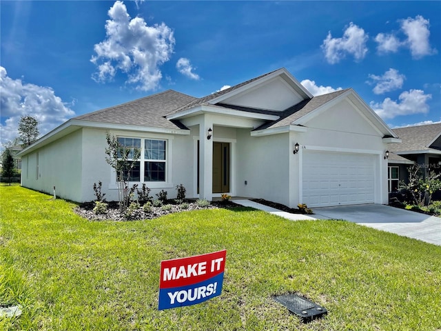 ranch-style house with a front yard and a garage