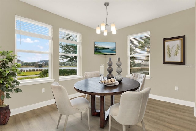 dining area with dark hardwood / wood-style floors, a wealth of natural light, and a chandelier