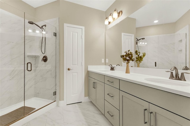 bathroom featuring dual vanity, walk in shower, and tile flooring