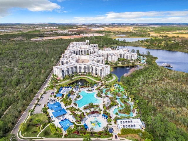 aerial view featuring a water view