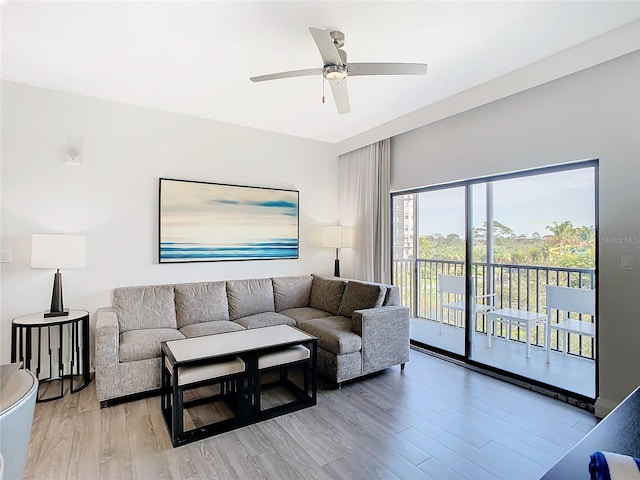 living room with light hardwood / wood-style floors and ceiling fan