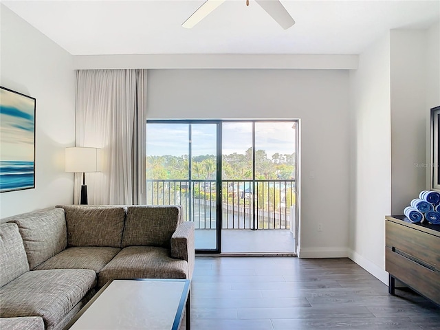 living room featuring ceiling fan and dark wood-type flooring