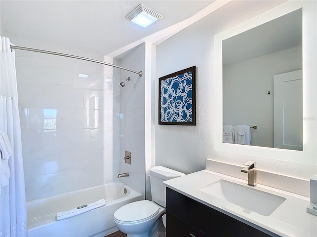 full bathroom with shower / tub combo, oversized vanity, and toilet