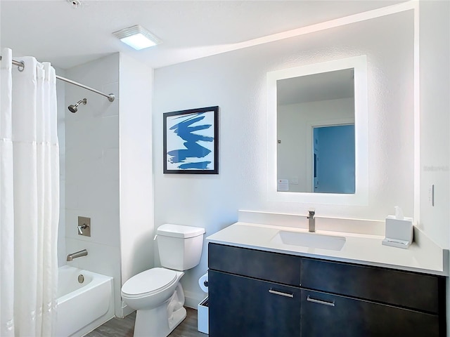 full bathroom with wood-type flooring, toilet, vanity, and shower / bath combo with shower curtain