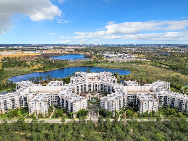 drone / aerial view with a water view