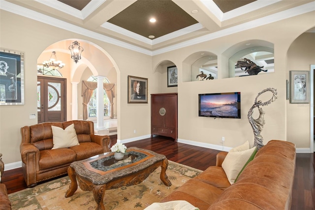 living area featuring beam ceiling, dark wood-style flooring, coffered ceiling, and baseboards