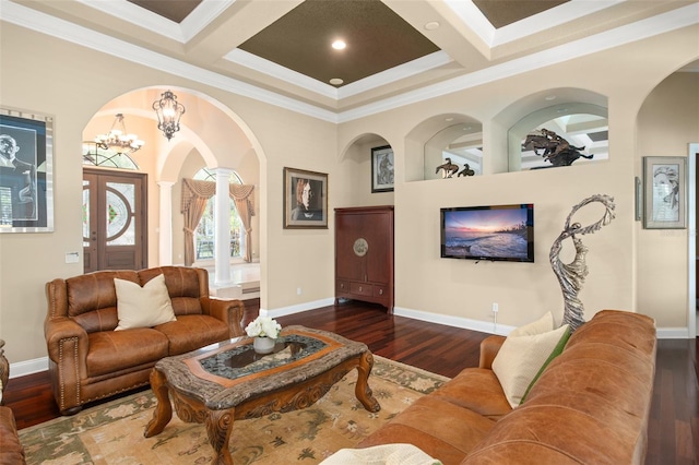 6443 Cartmel Ln, Windermere, FL 34786 - living area featuring beam ceiling, dark wood-style flooring, coffered ceiling, and baseboards