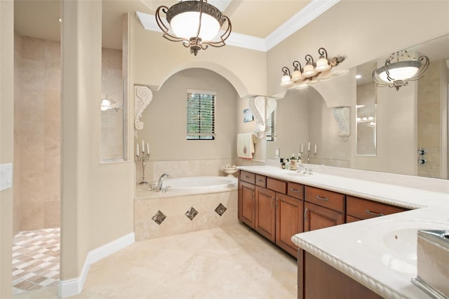 6443 Cartmel Ln, Windermere, FL 34786 - bathroom featuring ornamental molding, vanity, a bath, and a walk in shower