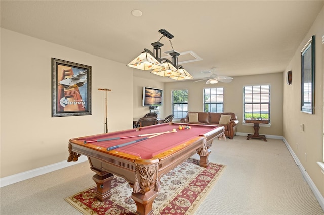 recreation room with billiards, baseboards, a ceiling fan, and light colored carpet