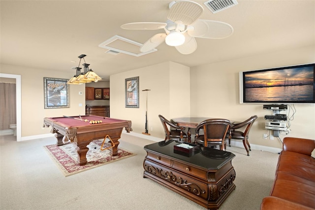 recreation room with carpet flooring, billiards, and ceiling fan