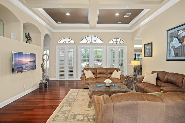 living room featuring coffered ceiling, visible vents, baseboards, ornamental molding, and dark wood finished floors