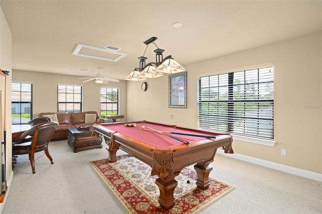 recreation room with billiards, visible vents, baseboards, a ceiling fan, and light colored carpet