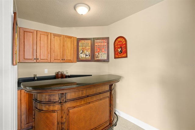 bar with a textured ceiling, carpet floors, and baseboards