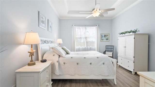 bedroom featuring a tray ceiling, ornamental molding, ceiling fan, and dark hardwood / wood-style floors