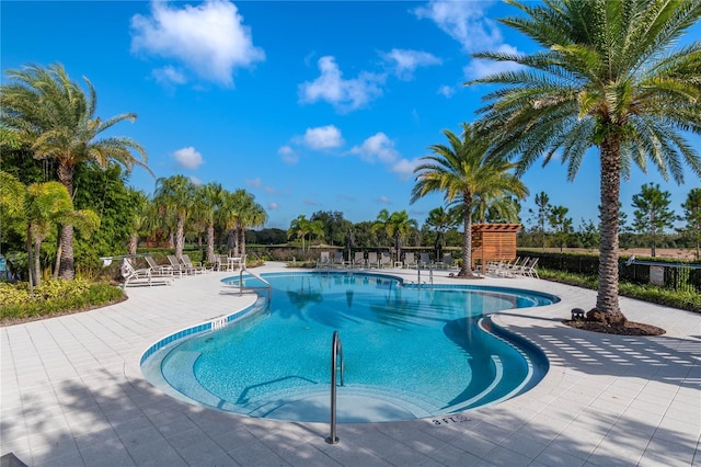 view of swimming pool featuring a patio area