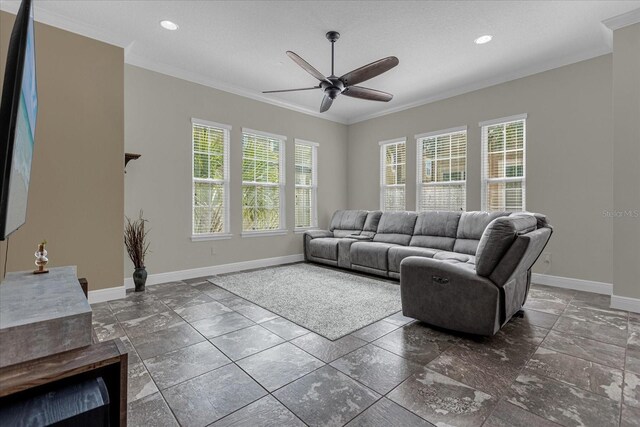 tiled living room featuring ornamental molding and ceiling fan