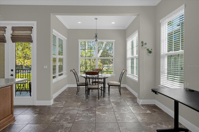 tiled dining area with ornamental molding