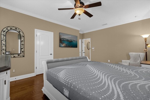 bedroom with crown molding, ceiling fan, and dark hardwood / wood-style flooring