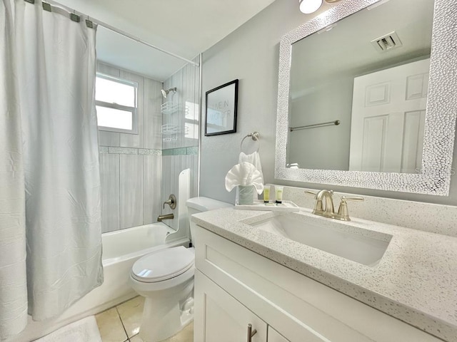 full bathroom featuring toilet, large vanity, shower / bathtub combination with curtain, and tile flooring