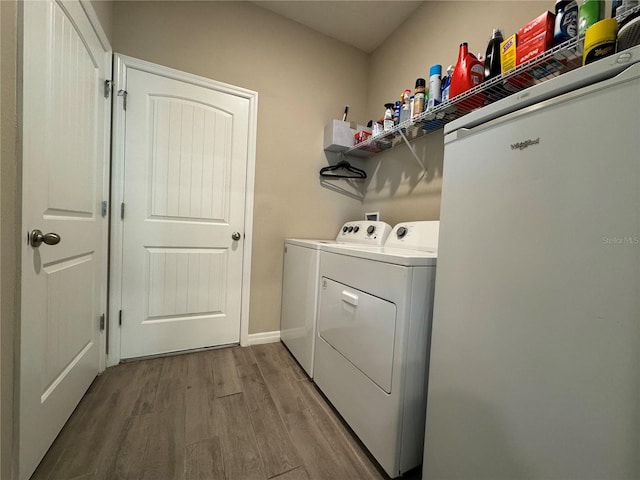 laundry room featuring washing machine and clothes dryer and hardwood / wood-style flooring