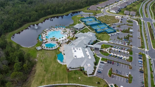 bird's eye view with a water view