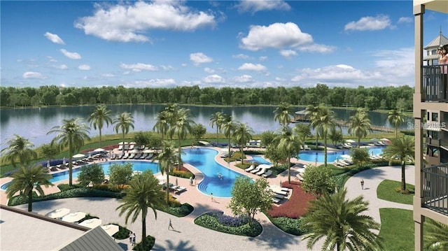 view of pool with a water view and a patio