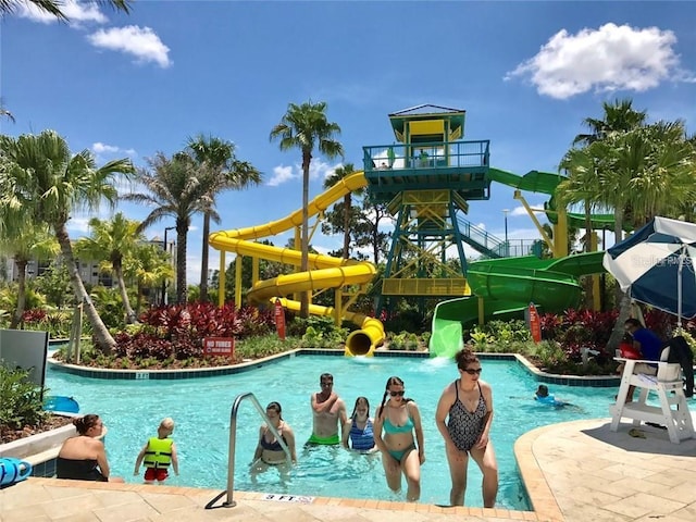 view of pool with a water slide