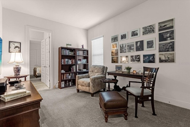 living area featuring light carpet