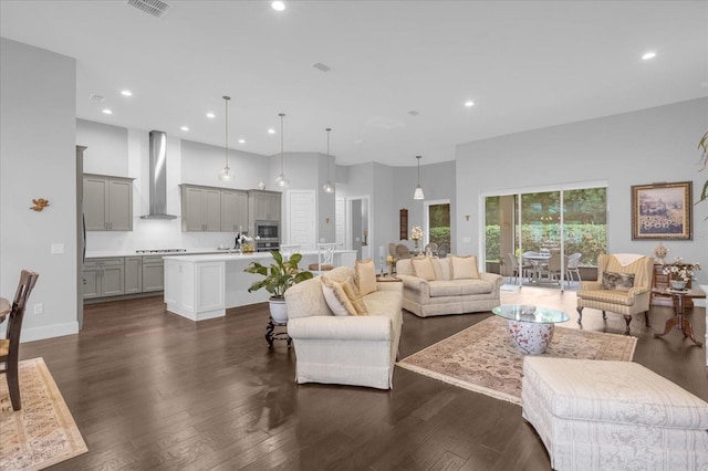 living room with a high ceiling, dark hardwood / wood-style floors, and sink