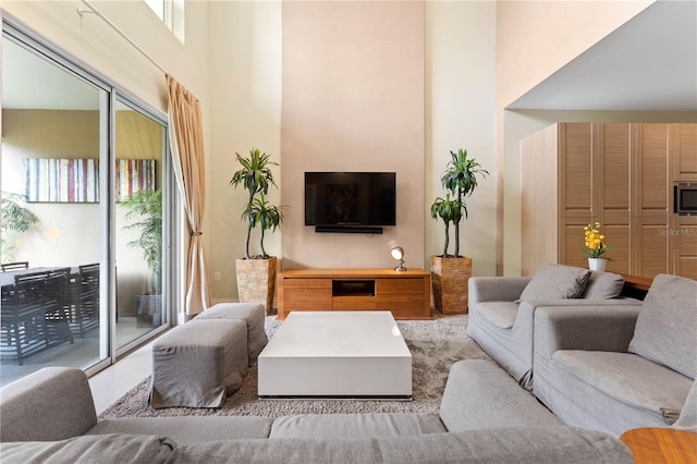 living room with a towering ceiling