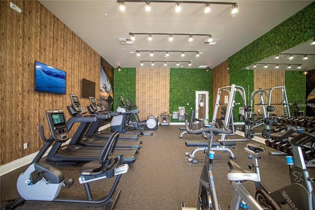 exercise room with wood walls and rail lighting