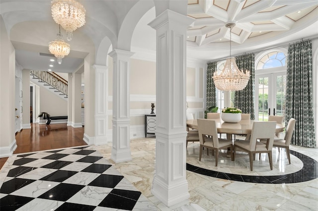 tiled dining area featuring decorative columns, french doors, ornamental molding, a notable chandelier, and coffered ceiling