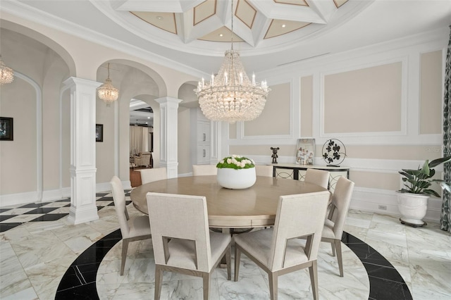 dining area with light tile floors, coffered ceiling, decorative columns, a chandelier, and crown molding