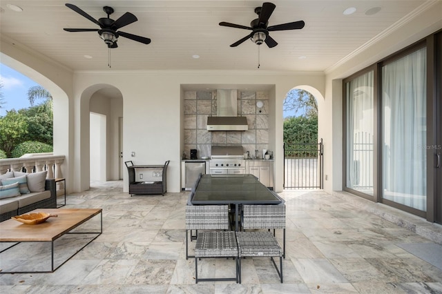 view of terrace featuring area for grilling, ceiling fan, and an outdoor hangout area